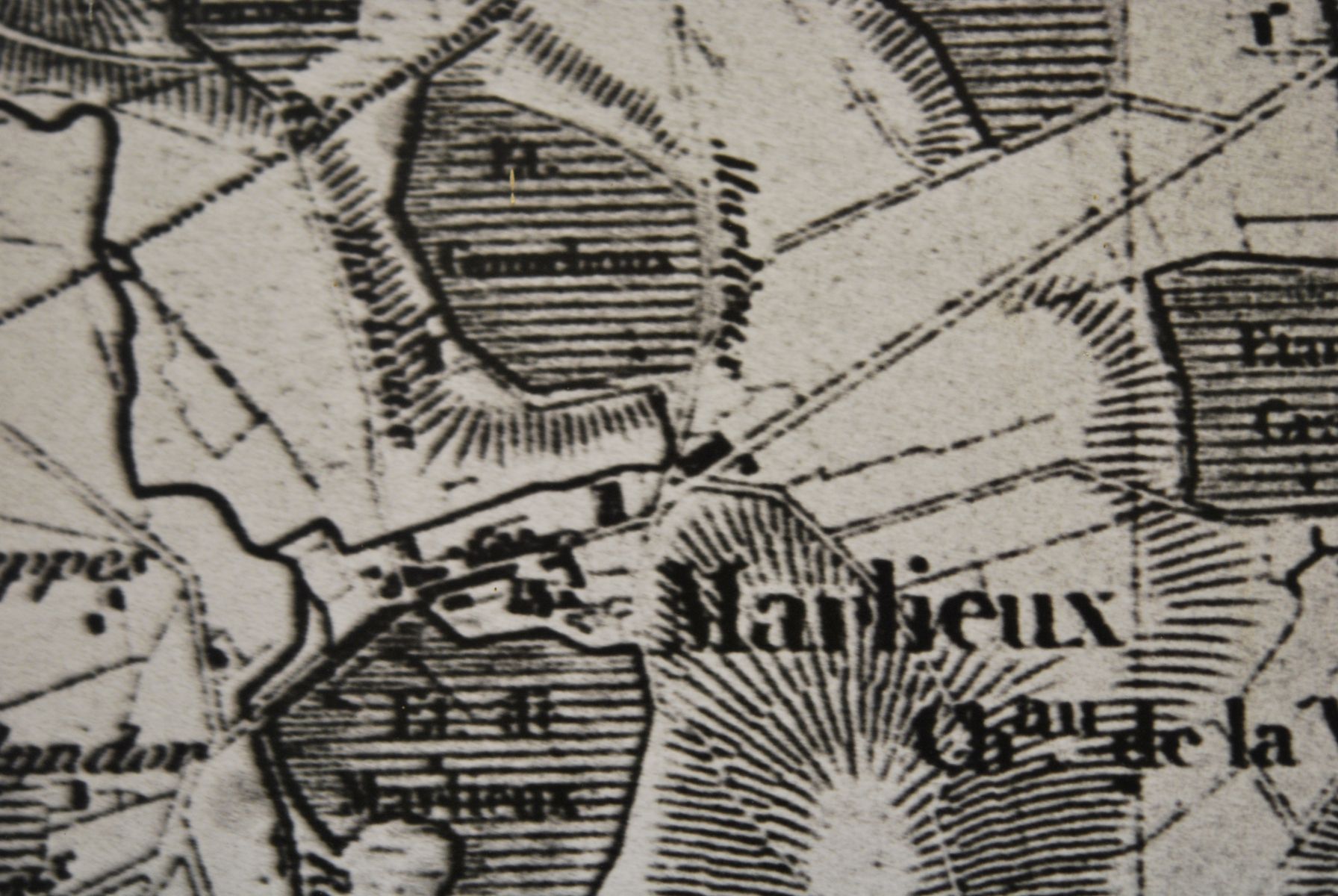Extrait d'une carte publiée vers 1850 montrant les limites du Grand Etang côté village et le cours d'eau alimentant le moulin.
