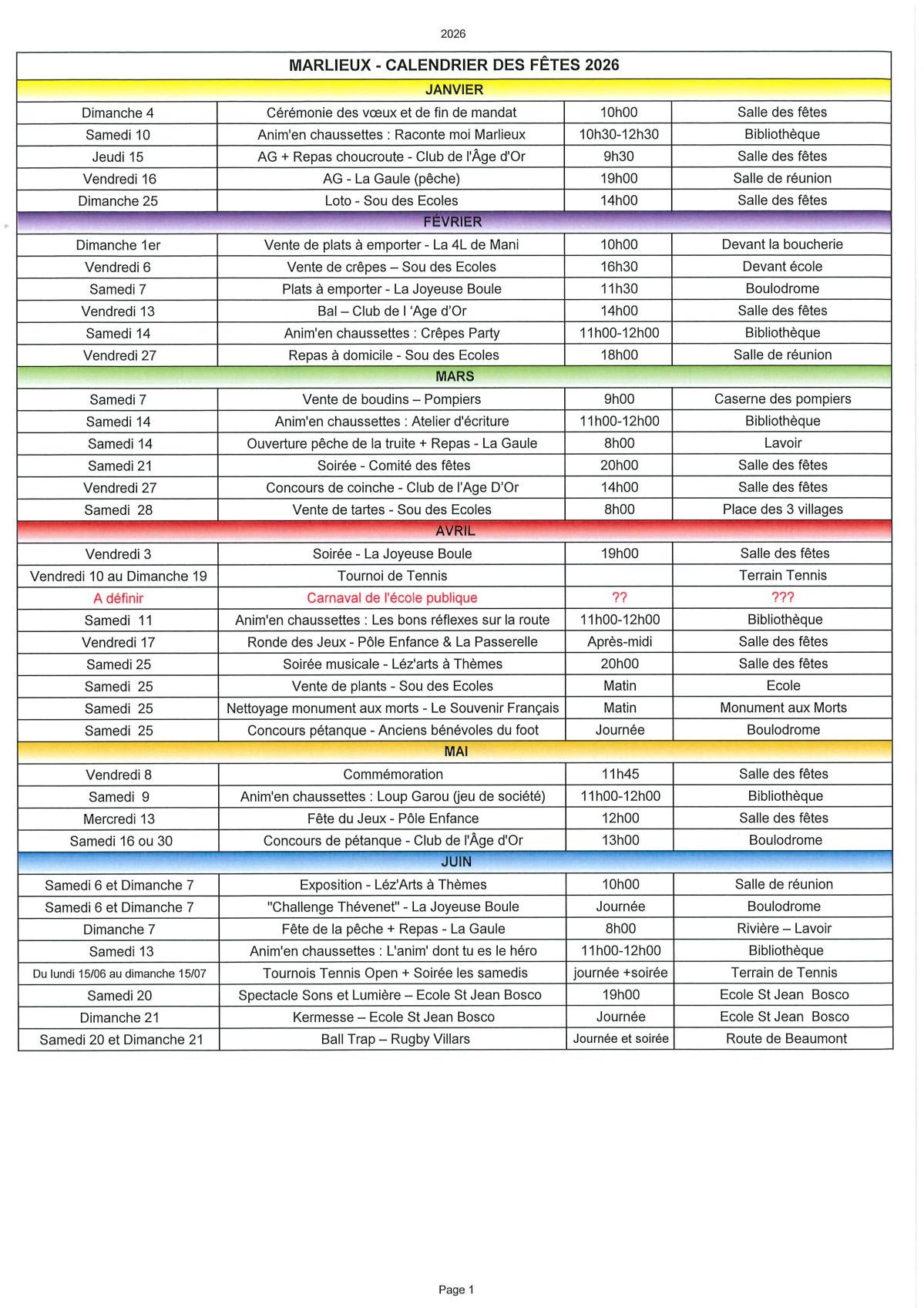 Calendrier des fêtes (janvier à juin)