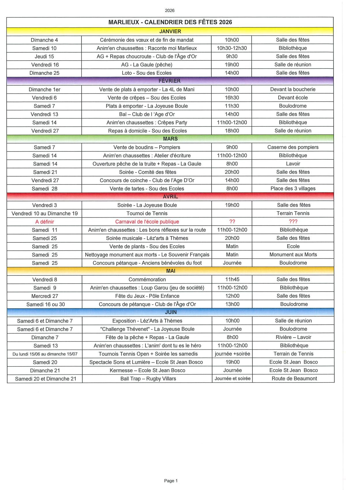 Calendrier des fêtes (janvier à juin)